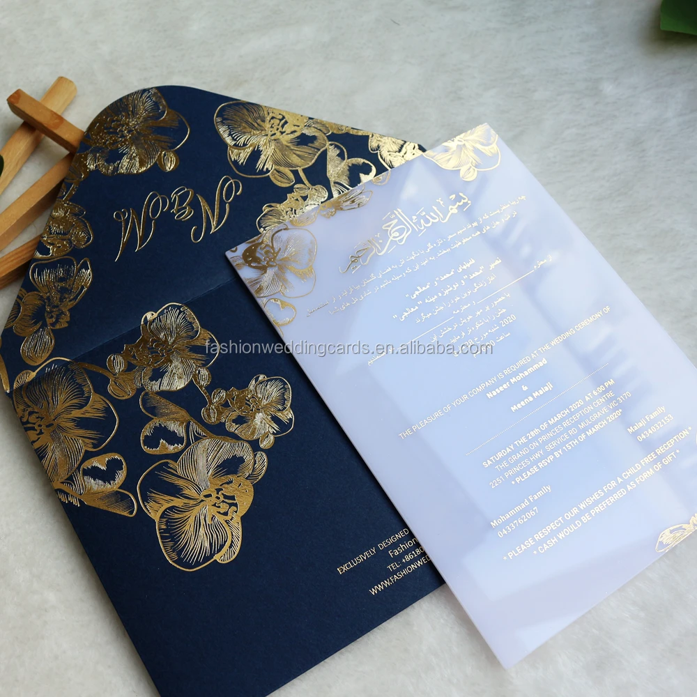 Modern Chinese Elegant Blue White Orchid Acrylic Wedding Invitations with Hot Foil and white acrylic cards with gold text