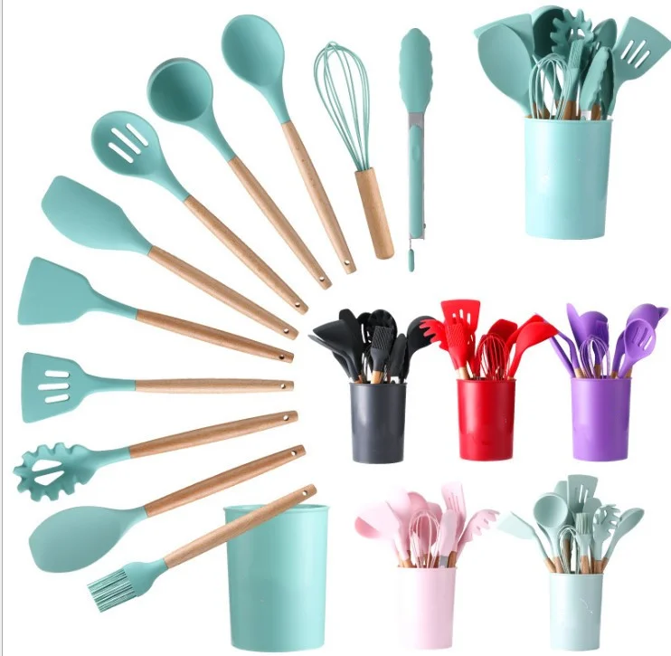 12pcs Wooden handle Colorful silicone kitchen utensils Tool Cookware Spatula Set