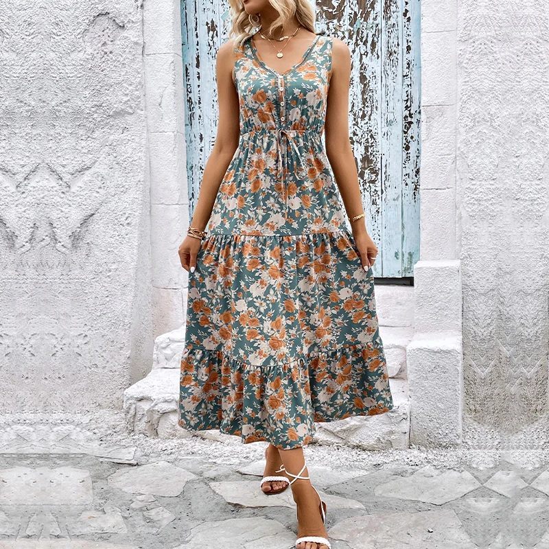 2022 summer new European and American sleeveless slip dress lace up high waist halter green dress