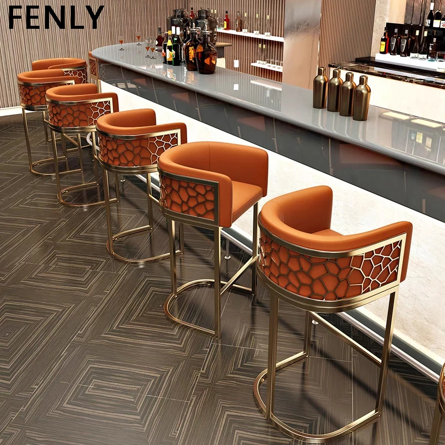 Luxury Modern Bar Chair with High Stool Stainless Steel Leg Iron Frame Leather Backrest-for Kitchen Dining Front Desk Bar Use