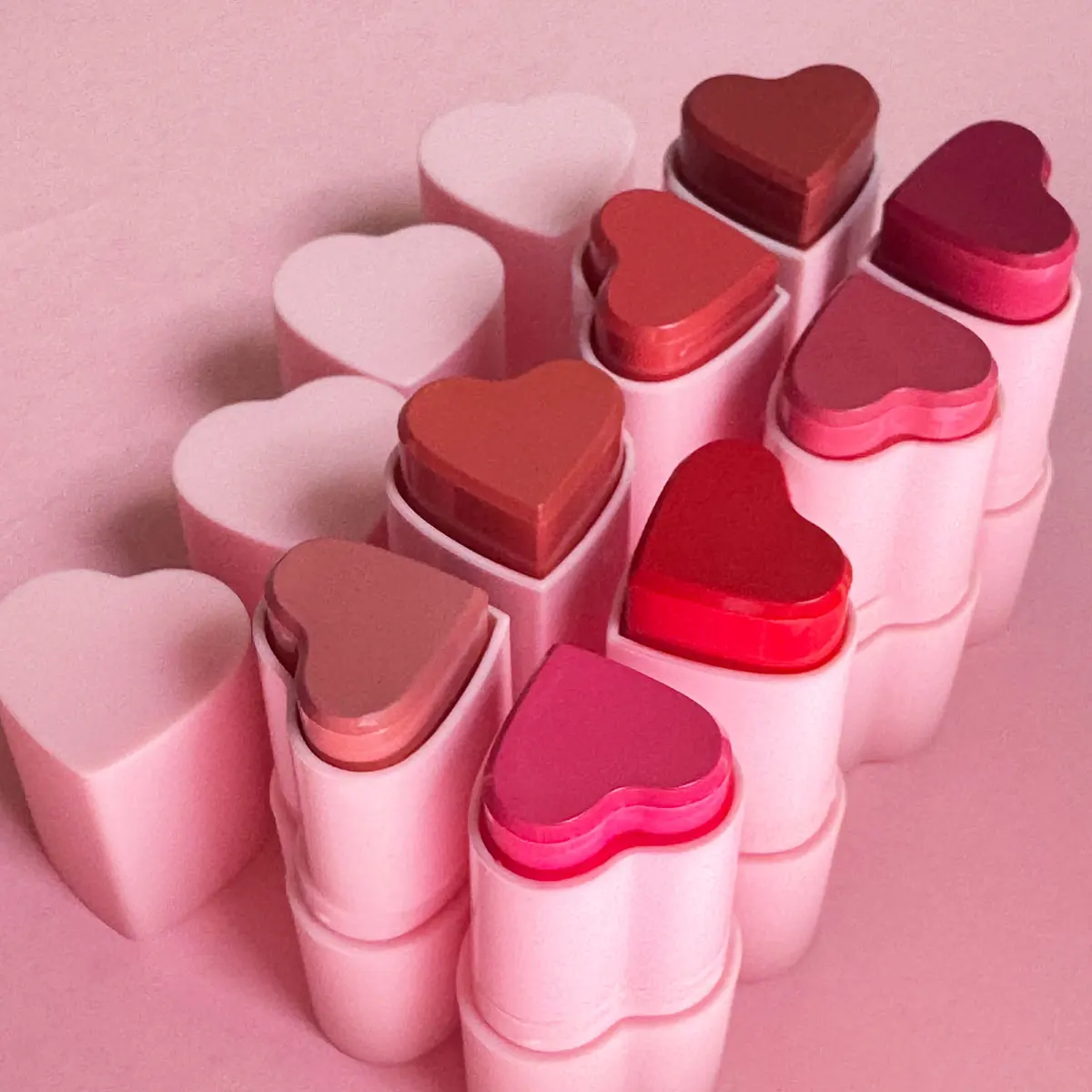 Pink Cute Heart Design Cream Blush Stick Private Label High Pigment No Logo Custom Brand Face Makeup Vegan Cream Blush