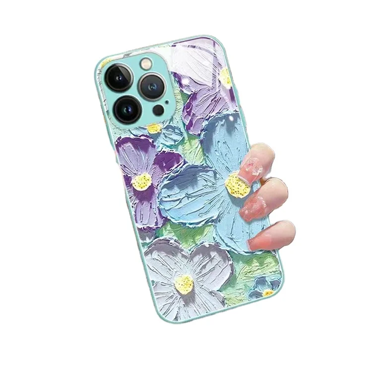 3D Oil Painting Shockproof Liquid TPU Silicon Phone Case For Iphone 13 Pro Max 12 11 10 8 7 Tempered Glass Back Cover Funda Para