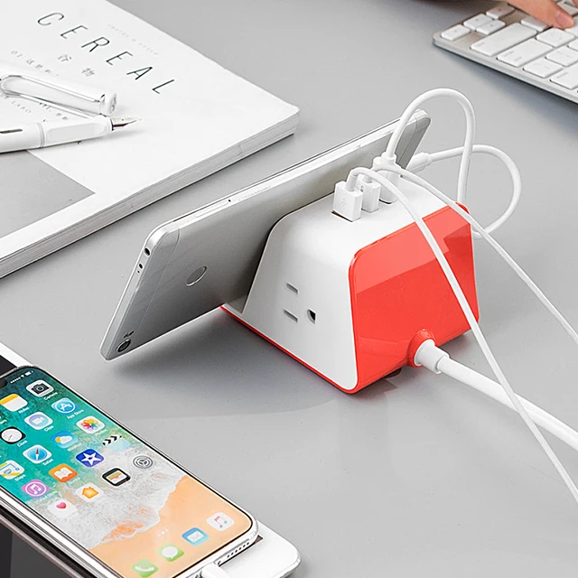 
Small MOQ Usb Port Charger Electrical Multi Outlet Portable Smart Power Strip Plug Cube Socket With Phone Holder 