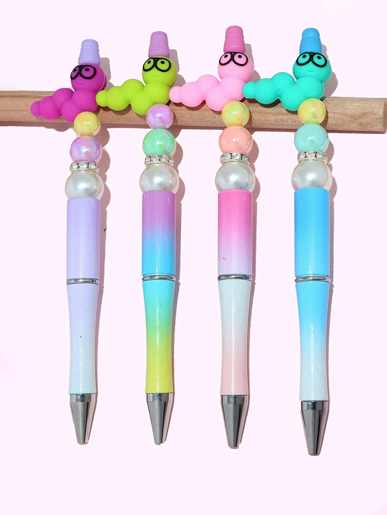 Popular DIY Beadable Pen Assorted Ballpoint Pen Caterpillar Print Silicone Beads DIY Beadable Pens