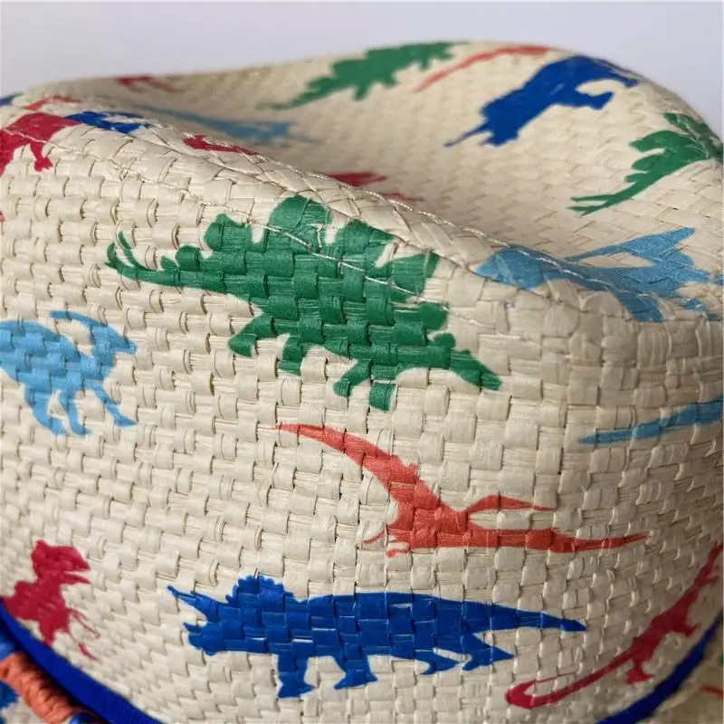 Wholesale Custom Print Cartoon Dinosaur Pattern Sun Protection Straw Visor Hat Panama Woven Straw Hats Unisex Kids Straw Hat
