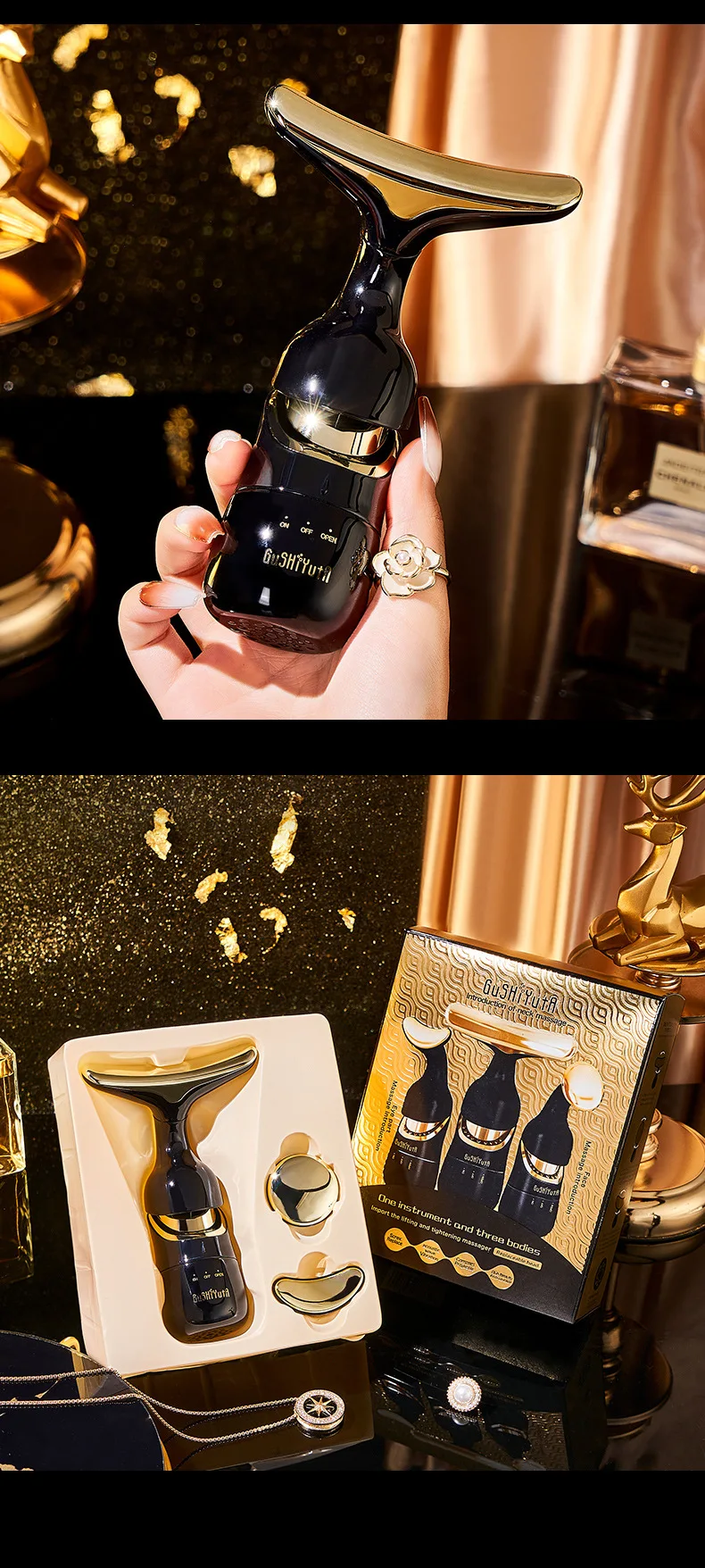3 in 1 Gold Black Home Use Skin Rejuvenation Anti-Aging Device Facial Eye Massage Introducer Face & Neck Lifting Massager