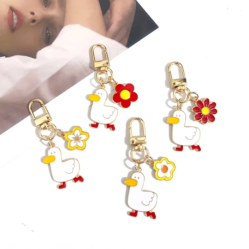 Refueling Duck Keychain Exquisite Metal Lucky Flower Small Gift U Disk Airpods Pen Bag Book Bag Pendant