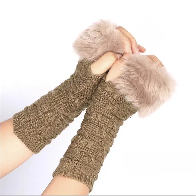 New fuzzy half finger gloves short wrist arm cover factory customization warm mittens wired fingerless knitted gloves for ladies