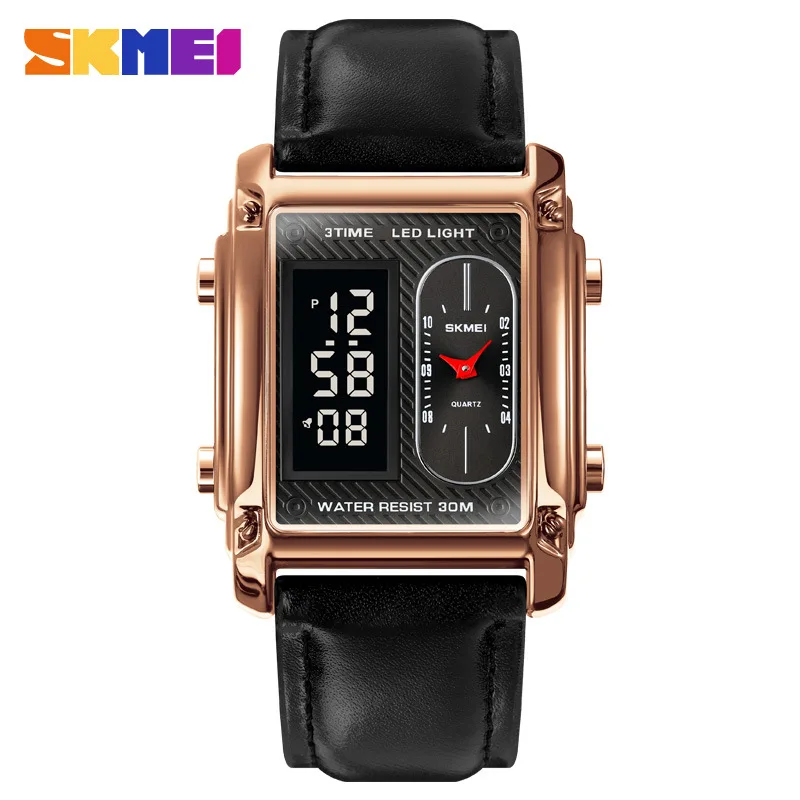 Promotion Skmei Rose Gold Rectangle Display Sunday Date Double Split Screen Stripe Digital Sports Watch Personalized Trend