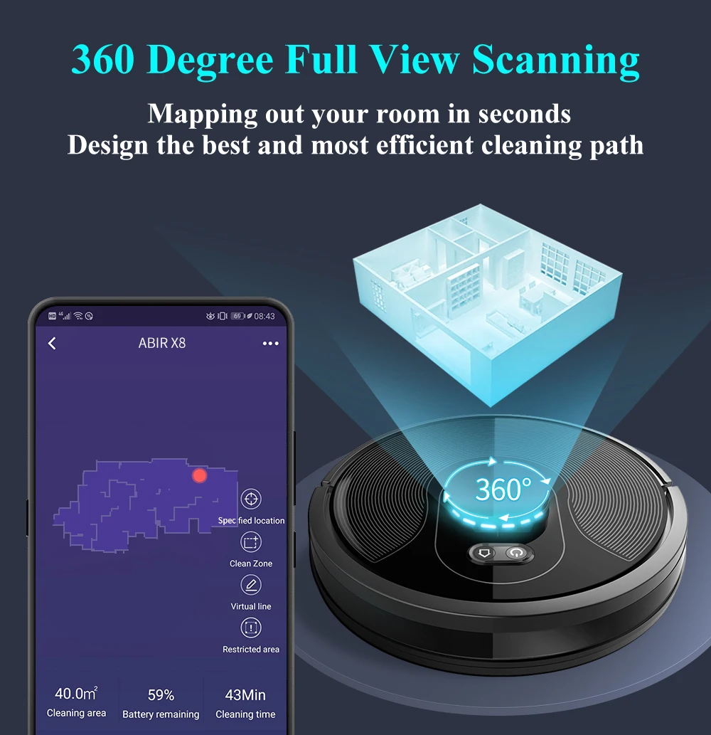 ABIR X8 Robot Vacuum Cleaner Sweep Wet Mopping Disinfection Run 150mins Automatically Charge Robot Vacuum Cleaner Mop