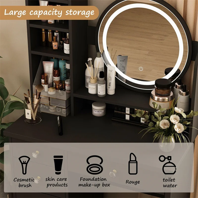 Light cosmetic mirror dressing table crystal handle Cushion Stool suitable for bedroom, black