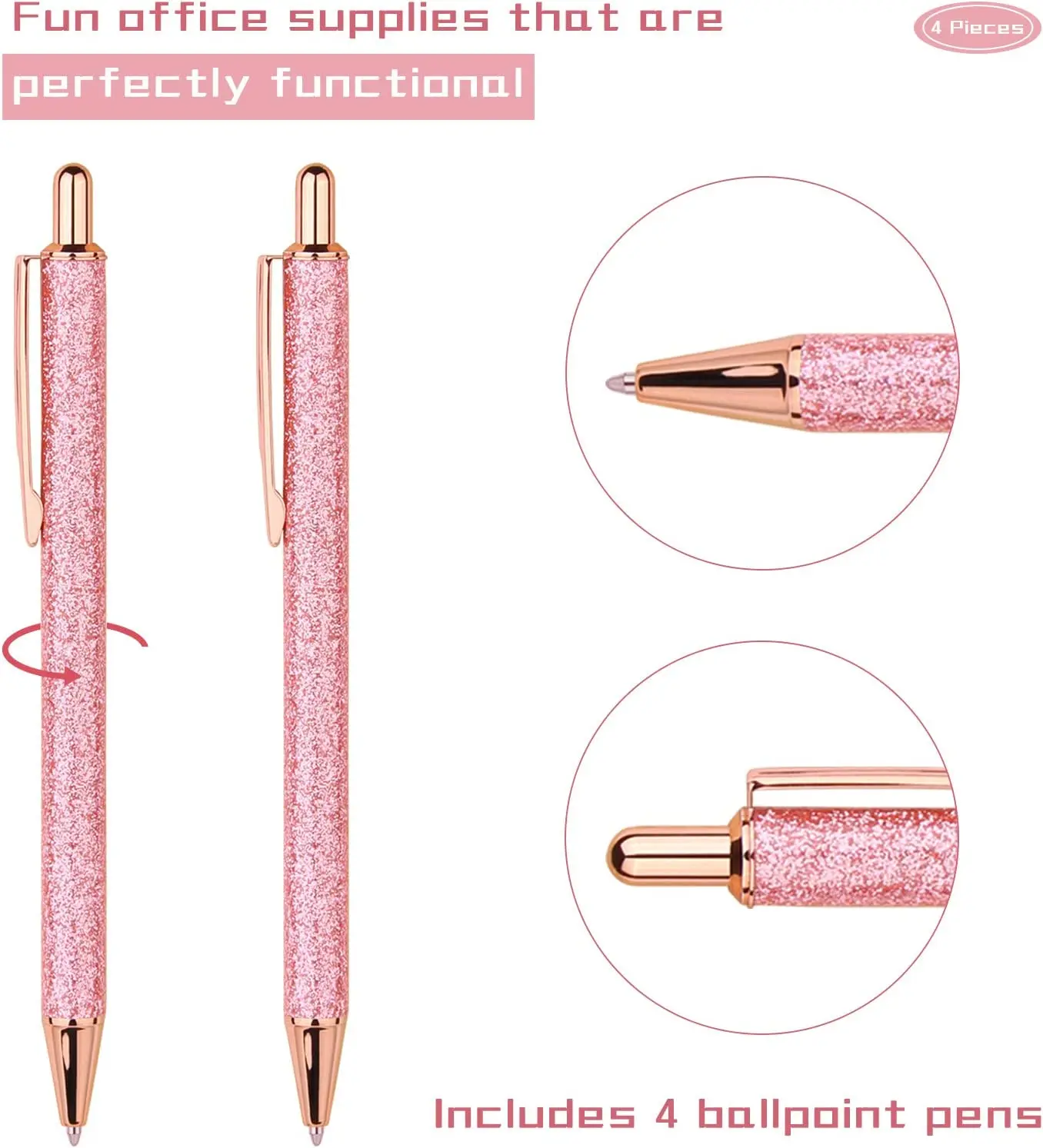 Glitter Pens with Metal Barrel, Retractable Fashion Pretty Pens, Bulk Office Pens with Medium Point