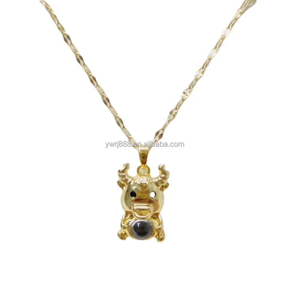 100 Languages Projection Pendant Year 12 Zodiac Animal Taurus Pendant Titanium Steel Necklace