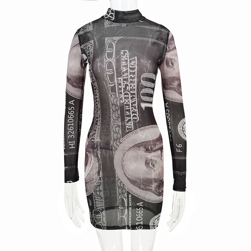 2022 Trendy Sexy Dollar Print Dresses Women Bodycon Girls Skirt long sleeve Women bodycon mini dress spring Casual Dresses