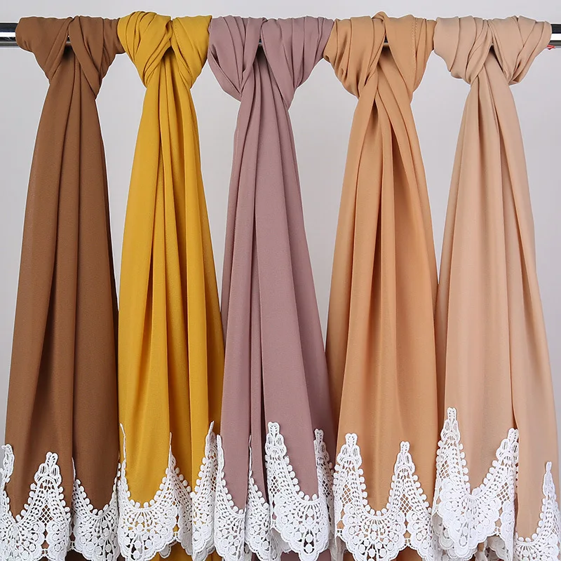 Women Quality Pearl Chiffon Solid Color Hijab Shawl Malaysia Fashion Stitching Lace Hijab Scarf