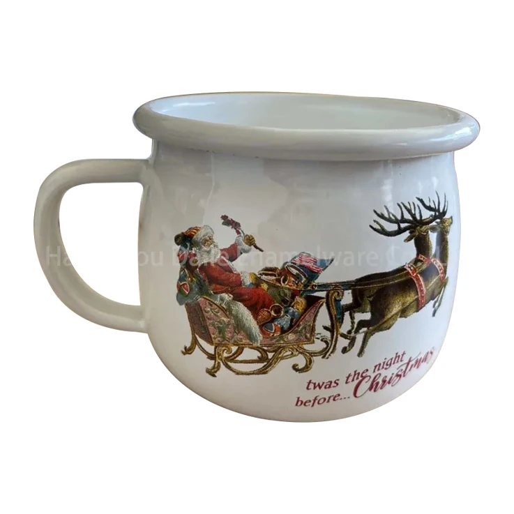 Custom Christmas elk pattern white big belly enamel travel camping coffee cup mug for sale