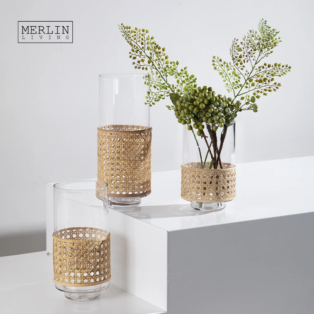 Merlin Living Rattan Glass Vase Decoration Rustic Garden Glass Flower Vase For Cylinder Glass Vase