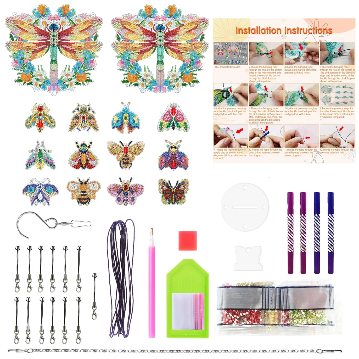 5D Hummingbird DIY Crystal Wind Chimes Set Double-Sided Outdoor Wind Chimes Patio Home Garden Decoration Gift Adults Children