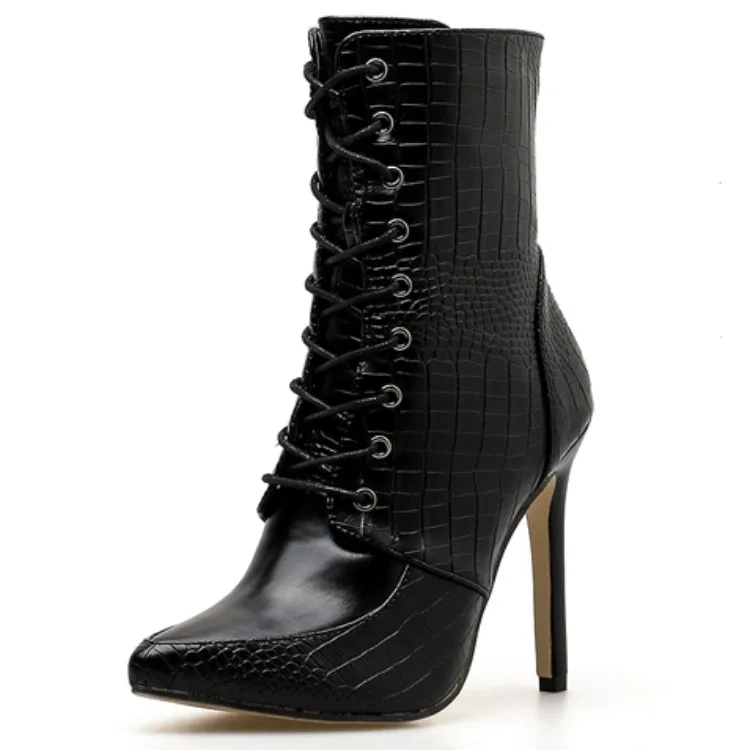 Snake Pattern Women High Thin Heel Lace-up Boots Pointed Toe Zipper Fashion ankle Booties Big Size