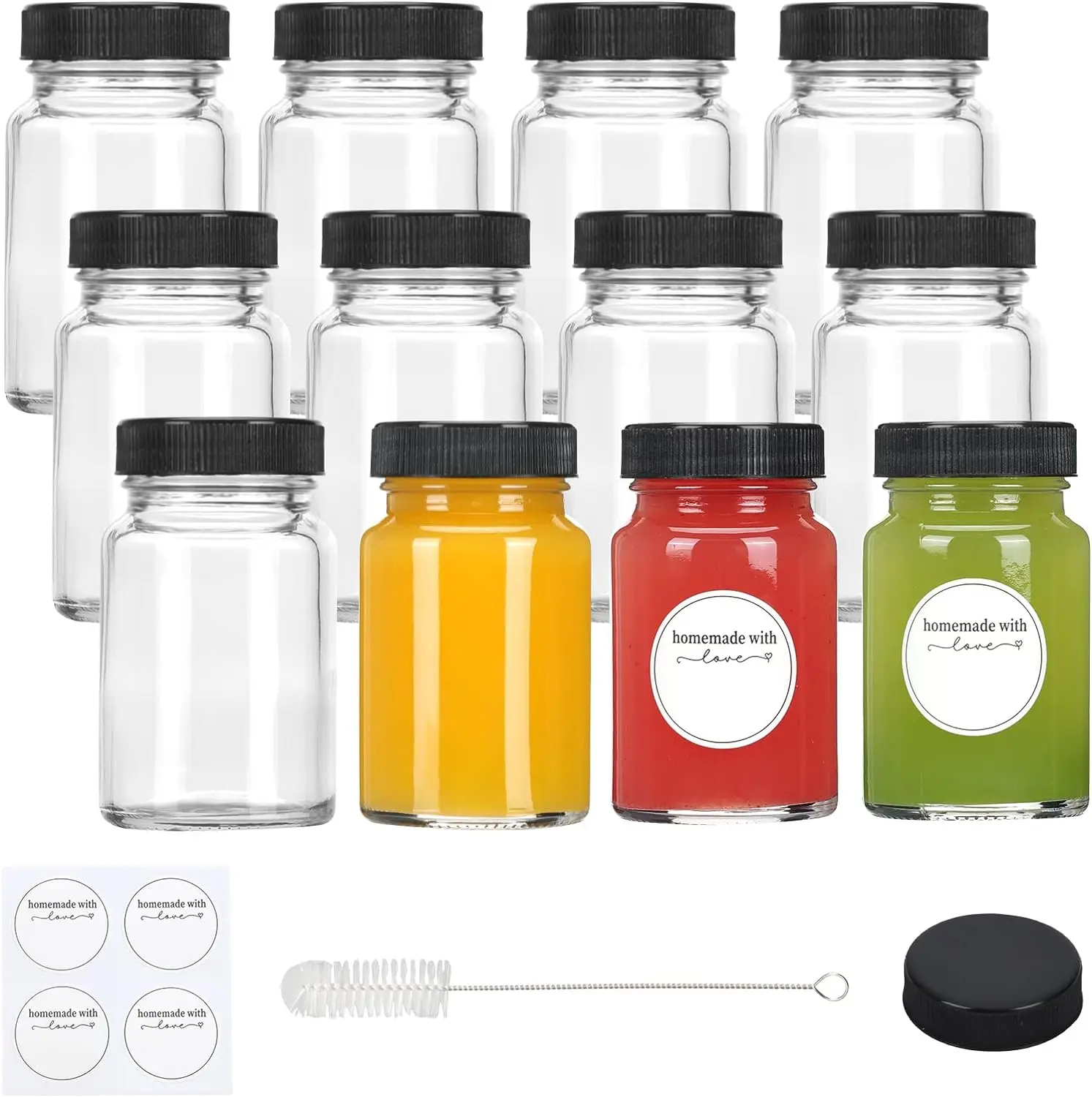 2oz Glass Shot Mini Bottles with Black Lids for Ginger Wellness Shot Juice Sample Whiskey