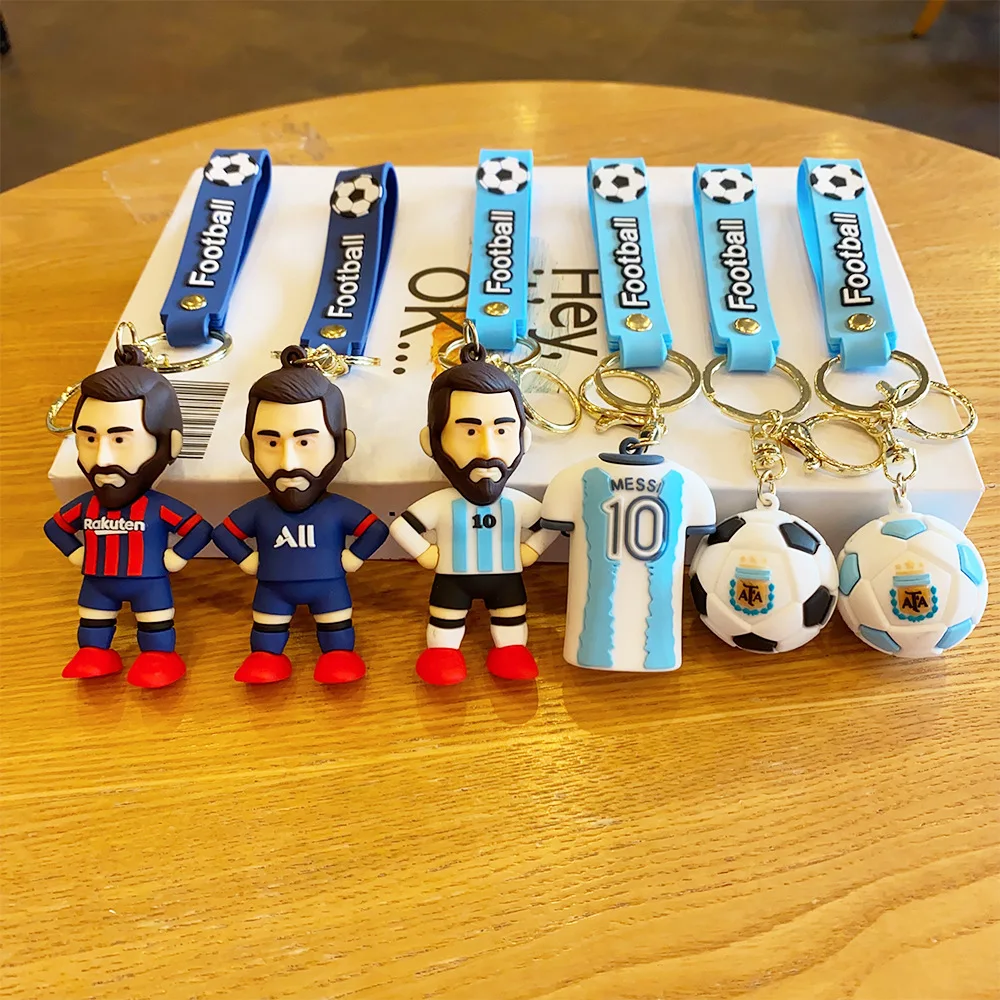 Most popular 3d cartoon messi keychain football teams star pvc rubber jersey toy keychains