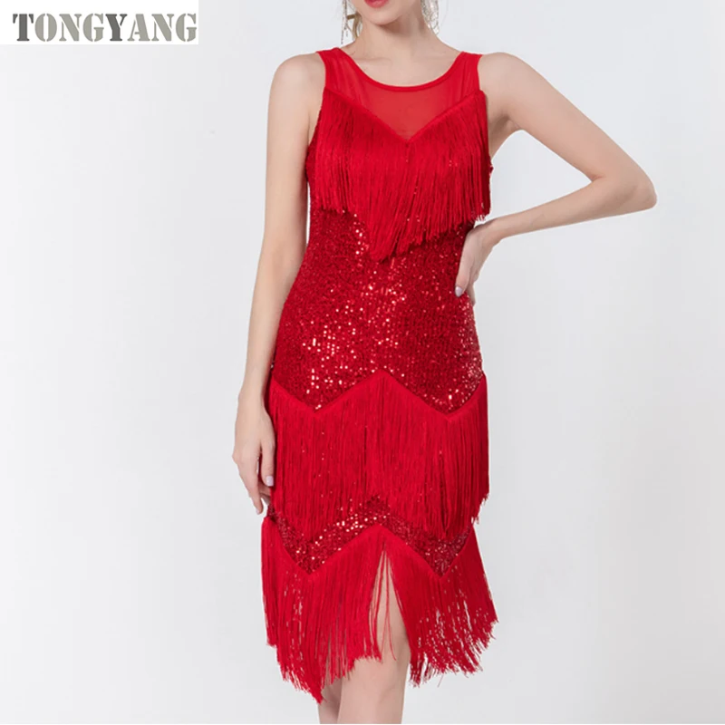 TONGYANG Womens Sparkly Sequins Tassel Dance Dresses Fringe Latin Samba Tango Wear Womens Dresses Stage wear