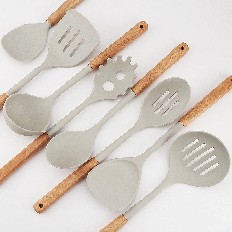 Новое поступление, модный набор из 8 силиконовых кухонных принадлежностей с деревянной ручкой из бука, кухонные принадлежности, набор силиконовой посуды