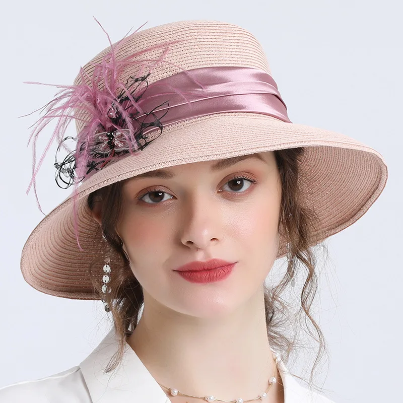 Wholesale Ladies Women Party Wedding For Elegant Feather Large Flower  wide brim Fascinator Sinamay Church Hat