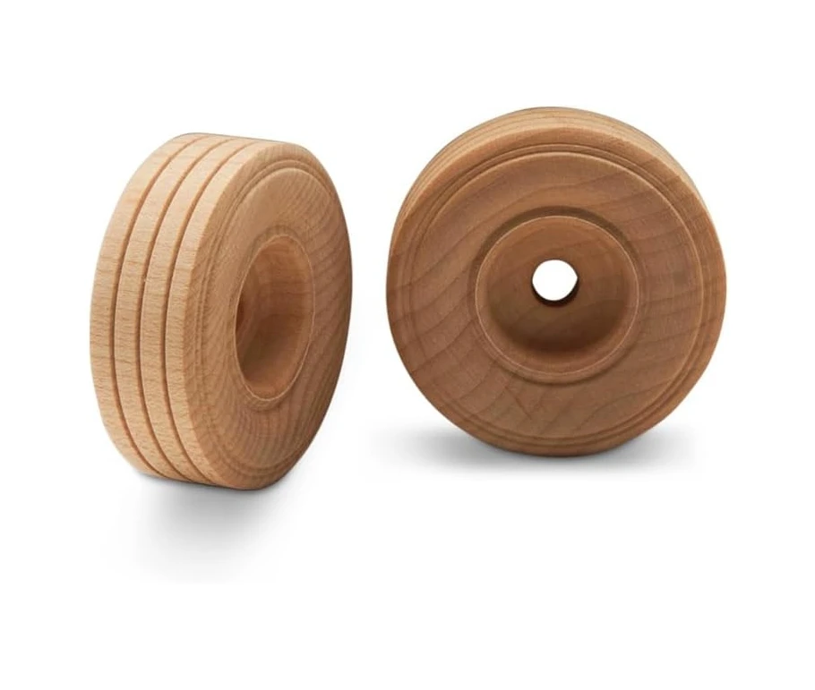 Mini Wood Wheels Treaded Style 1-3/4 inch Diameter 5/8 inch Thick Pack of 4 for Crafts and DIY Car Models