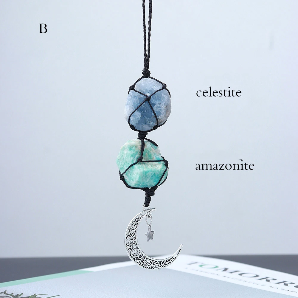 Natural Handmade Moon Amethyst Raw Stone Healing Crystals Gemstone Hanging Car Rear View Mirror Ornament