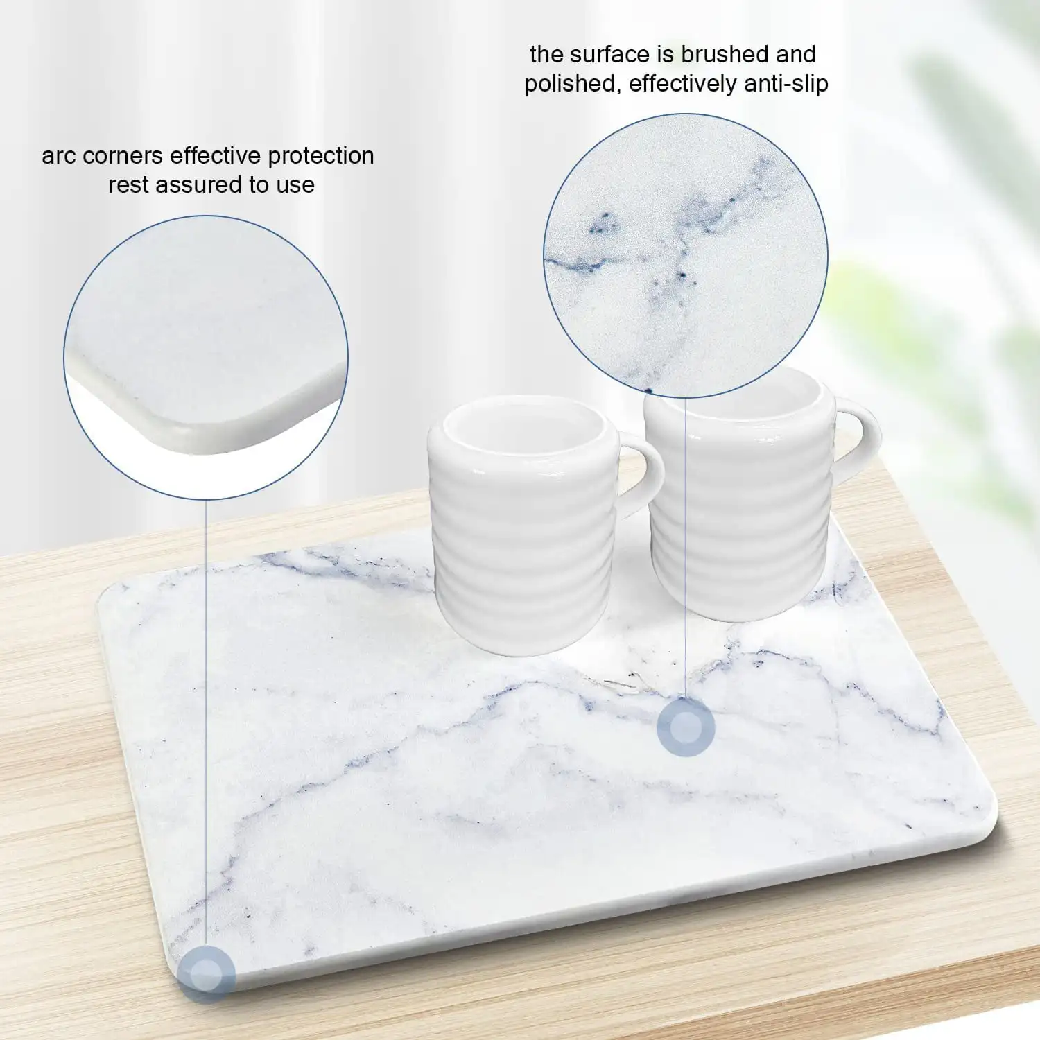 Wholesale custom Non-Slip Heat Resistant White Marble diatomite coaster tray stone dish drying mats for kitchen Counter