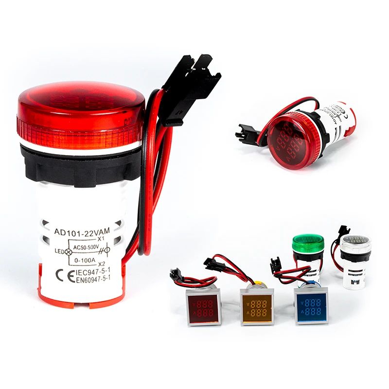 AD101-22VAM 22mm 0-100A AC50-500V White Green Red Yellow Blue Round Square LED Indicator Digital Voltmeter Ammeter