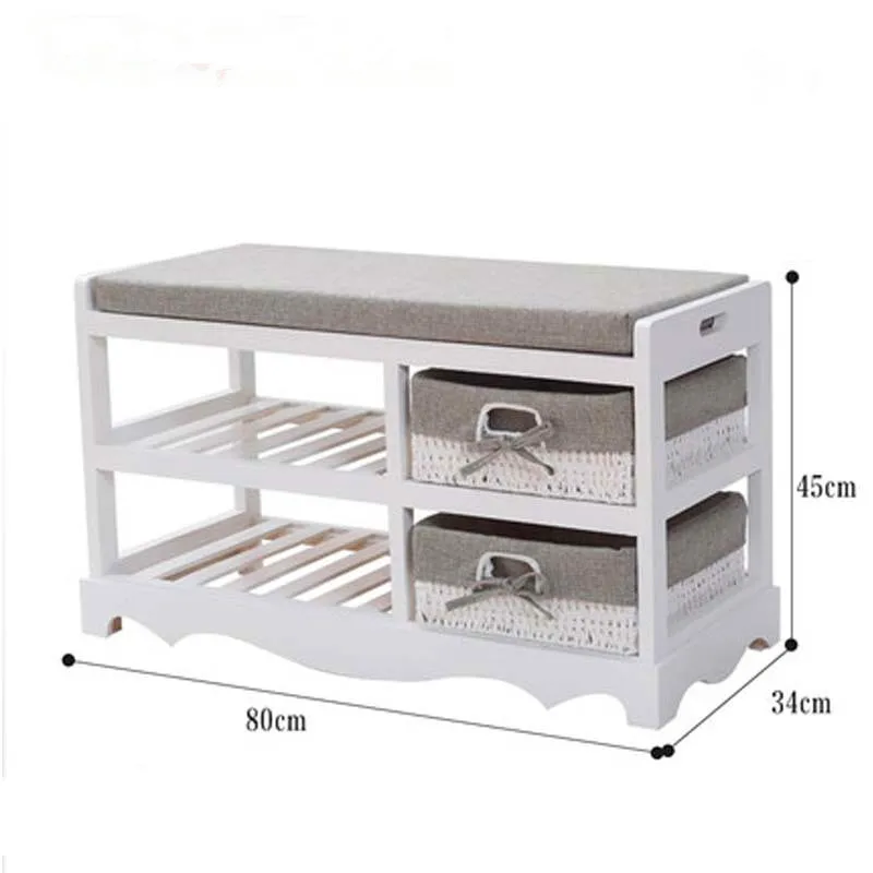2 Tier Wooden White Shoe Storage Shoe Cabinet Bench Shoes Rack with Padded Seat and 2 Storage Wicker Baskets