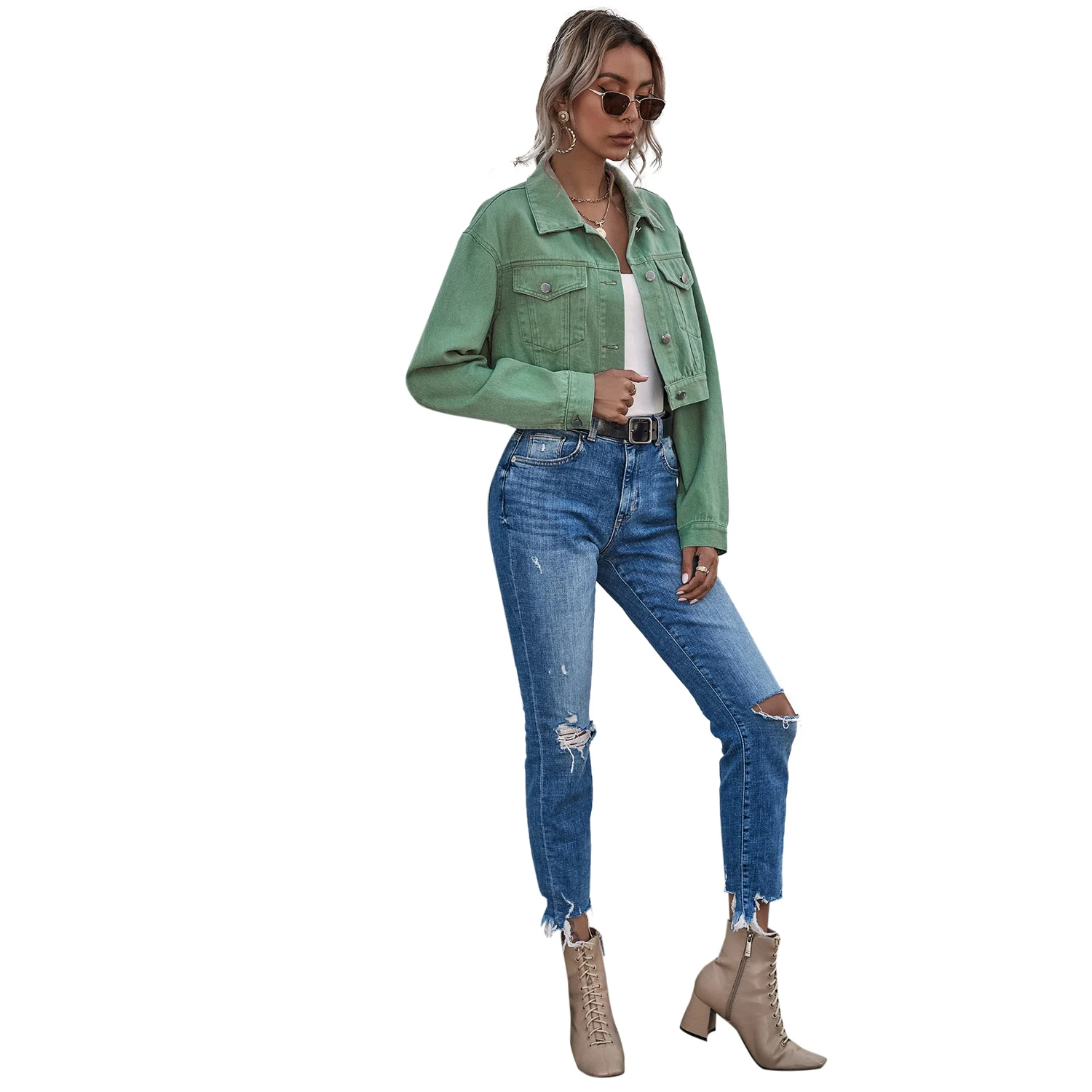 
Flap breast pockets women green long sleeve denim jacket plain custom cropped jackets 0051 