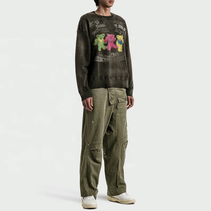 Custom Logo Design Vintage Graffiti Print Streetwear Paint Distressed Hoodie Round-Neck Sweatshirt