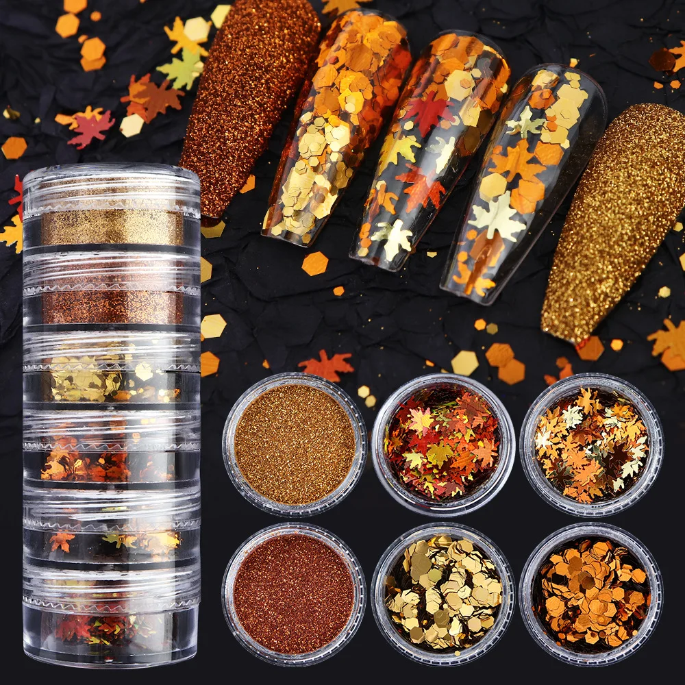 Destly 6pcs/set Autumn sequins Nail Powder Woolen Powder Glitter Leaves Flakes Nail Art Sequins