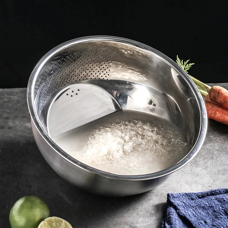 Metal Rice Washing Bowl, Versatile  Colander and Kitchen 304 Stainless Strainer with Side Drainers for Rice, Vegetables,Fruit