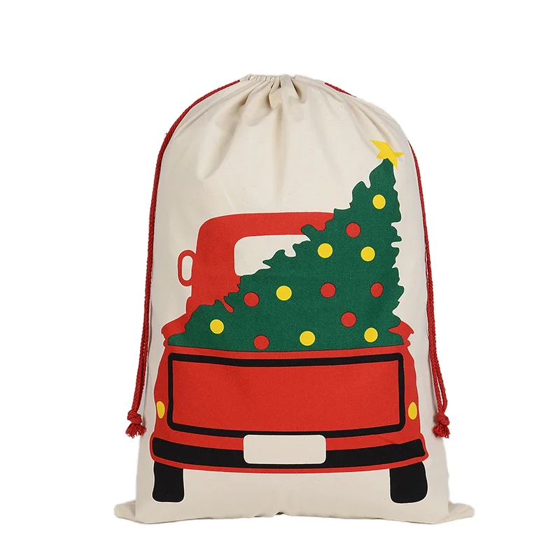 HK-141 50 X 70 cm Natural Large Recyclable Drawstring Christmas Gift Bag Truck Tree Design With Red cotton ropes