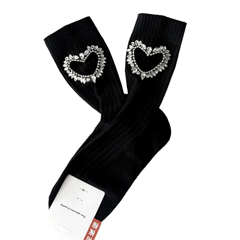 Luxury Glitter Diamond Hollow Heart Socks Women Harajuku Shiny Stockings Autumn Winter Loose Socks Female Mid-tube Cotton Socks