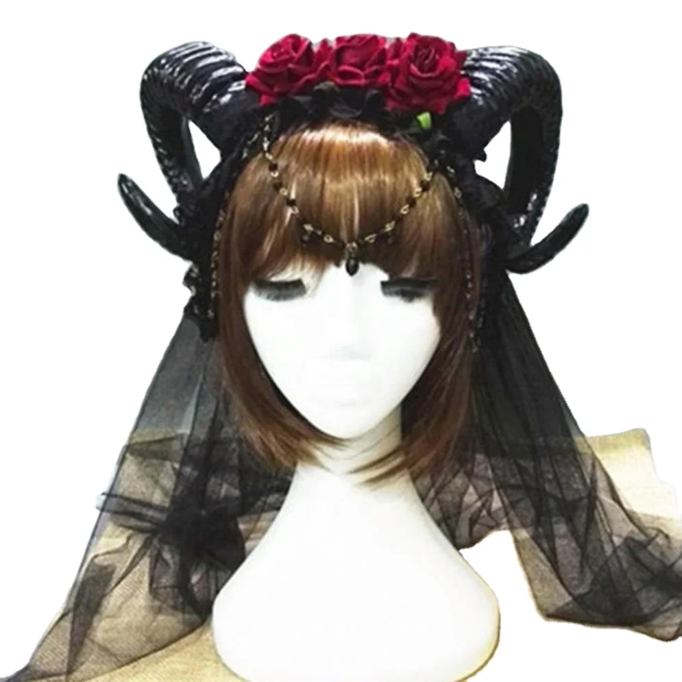 100cm Net Yarn Skull Headdress Demon Ram Horns Headband Crown Devil Ram For Fairy Wedding Romanti Goat Floral Cosplay Halloween