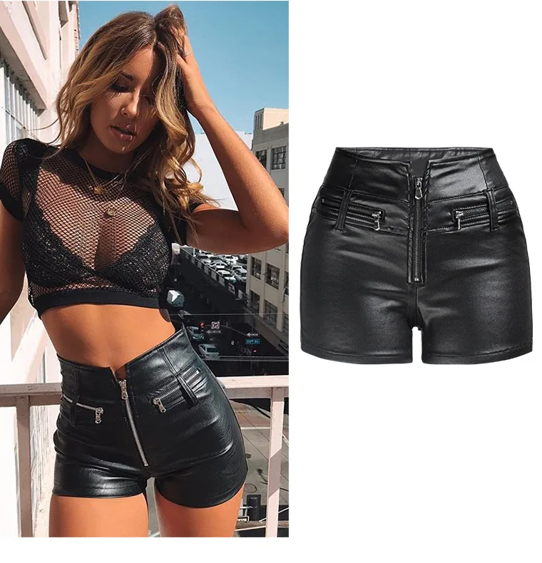 2021 Summer Women Casual Pu Leather Pants Black Shorts High Waist Zipper Booty Shorts