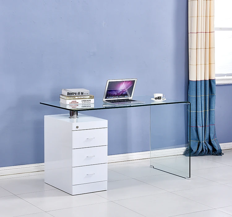 2021 hot sell luxury european brown clear bent tempered glass computer desk with white wood storage shelf