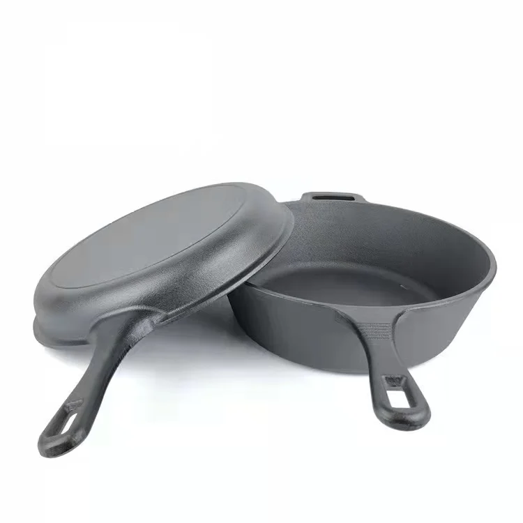 Cast iron outdoor cookware set 2 in 1 double usage camp pot with grill pan as lid oil preseasoned cook set customize available