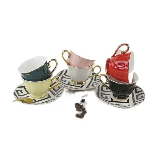 Amazon Hot sale Set of 6 Cups Colored Glaze Hand Painted  Gold Rim Porcelain Espresso Coffee Cups Tea Set