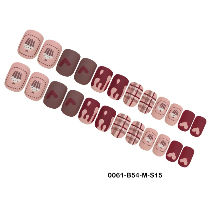 NEWAIR 24pcs/box matte design short square nail tip milk heart ice cream pattern press on nail false nail supplies