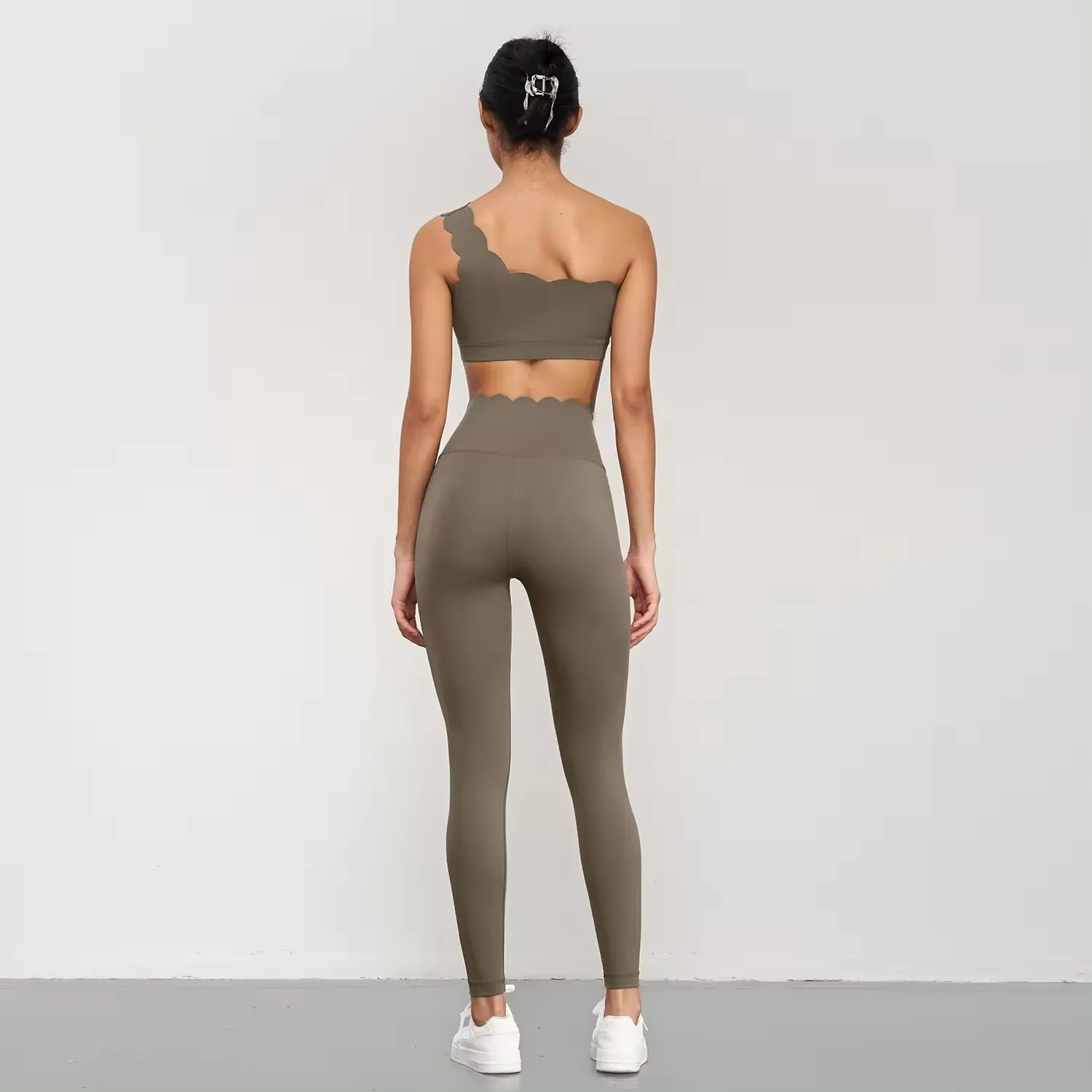 Scallop Shape 2 Pieces Set Yoga Leggings One Shoulder Gym Bras Fitness Sport Sets