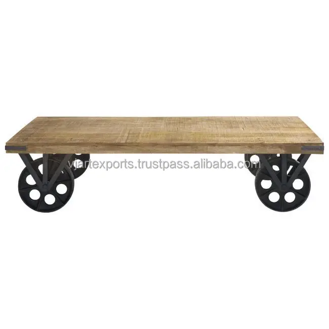 Urban Style Baroque  For Wholesales vintage Black rusty Cast iron metal Cart Coffee Table with solid mango wood top