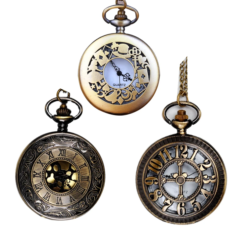 Large Hollow Quartz Pocket Watch Fine Chain Hollow Woman Hat Poker Card Pocket Watch Roman Pocket Watch