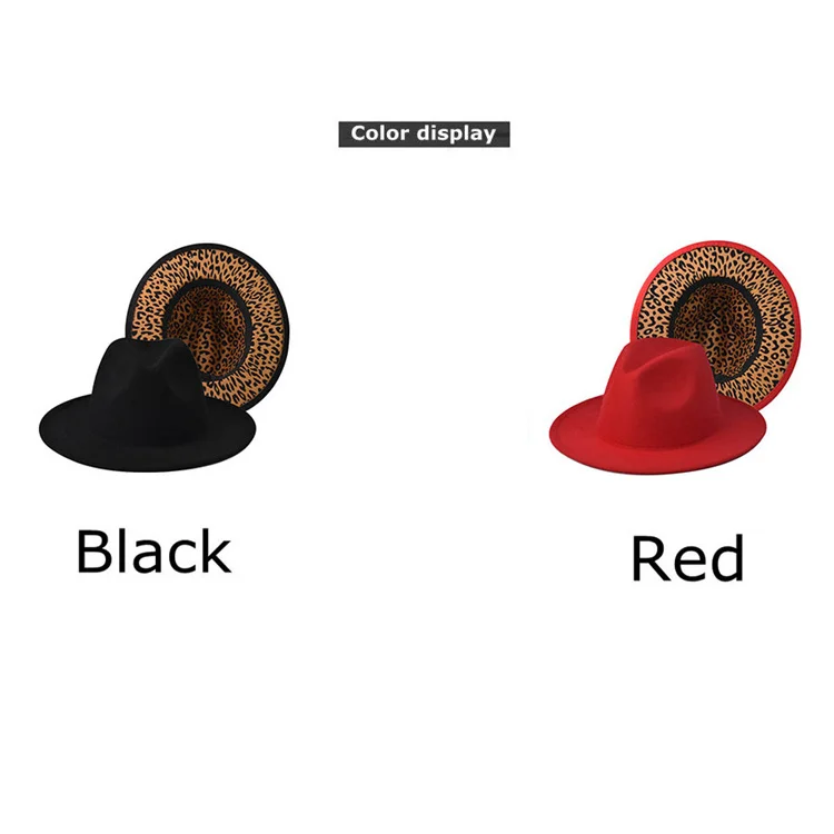 Men Thick Double-sided Solid Color Big Eaves Double-sided Leopard Print Inside Of Jazz Flat Black Fedora Hats