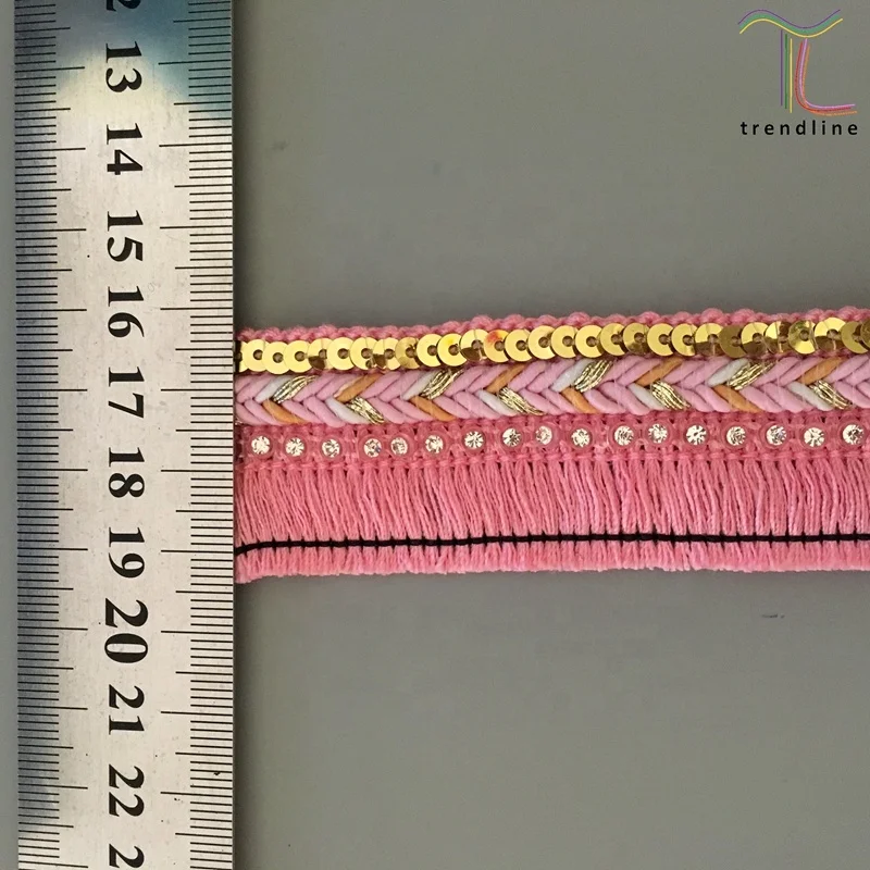 Rhinestone sequin tassel fringe in white and pink colors by meters